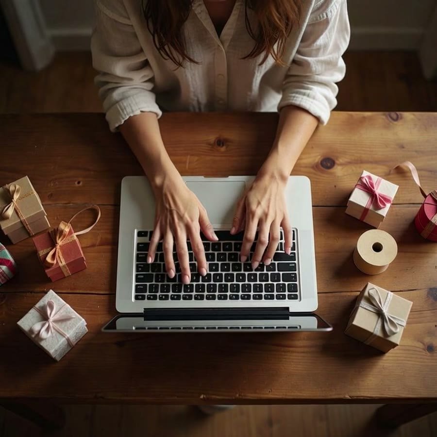 Mulher digitando no notebook sobre uma mesa de artesanato com caixinhas e fitas